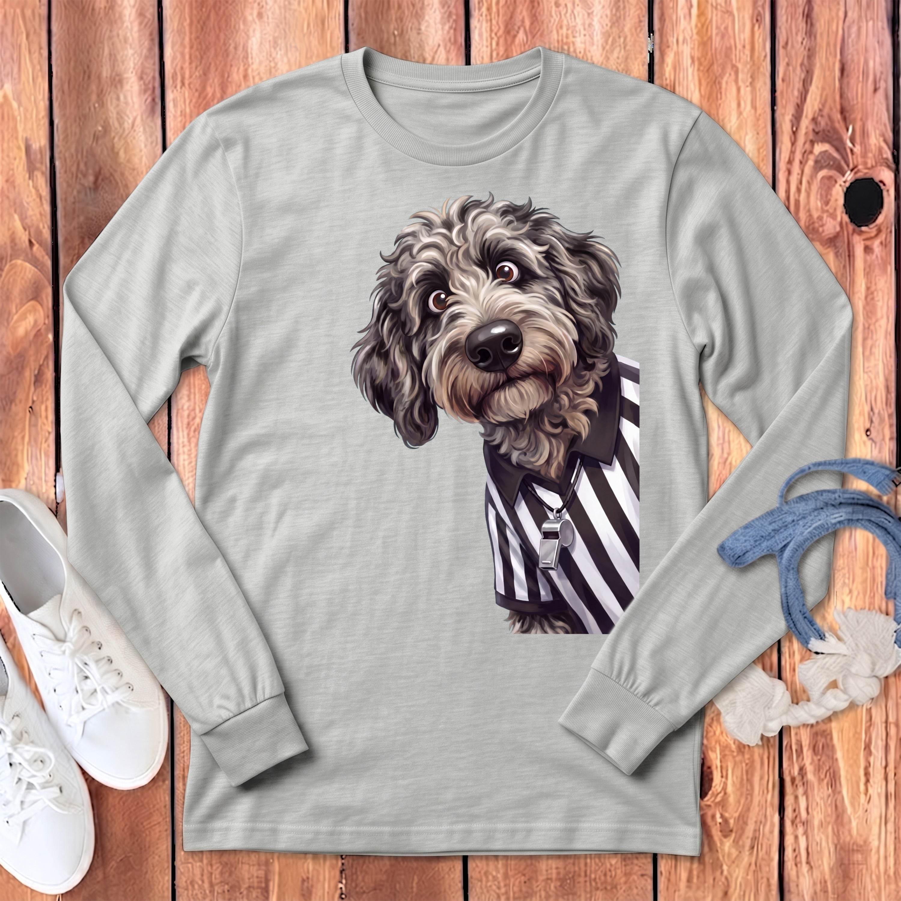 Light gray long-sleeve shirt with a dog in a referee uniform graphic.