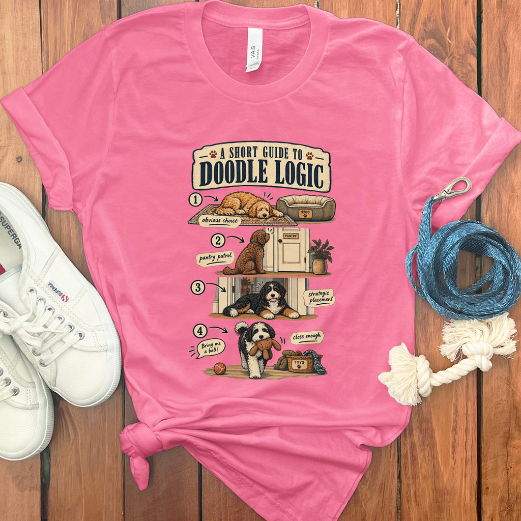 Pink t-shirt with "A Short Guide to Doodle Logic" and four dog illustrations.