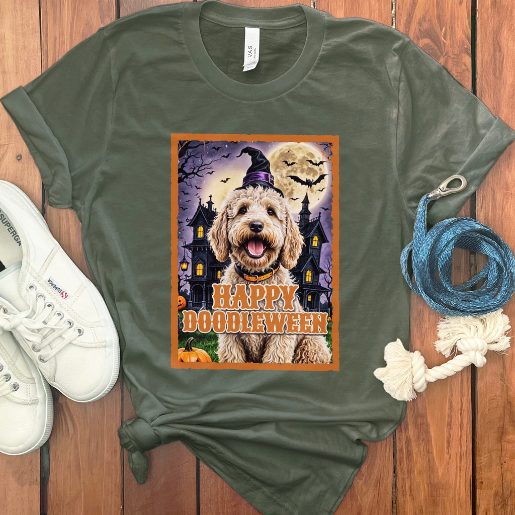 Cream Goldendoodle Happy Doodleween T-Shirt in Military Green / S by Puppy Jo