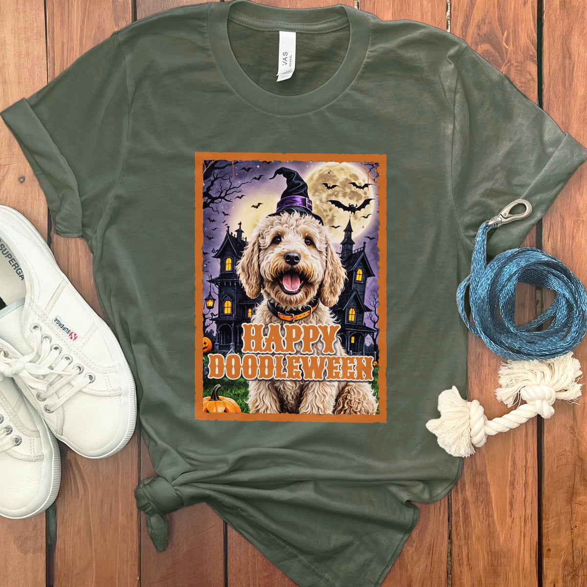 Cream Goldendoodle Happy Doodleween T-Shirt in Military Green / S by Puppy Jo