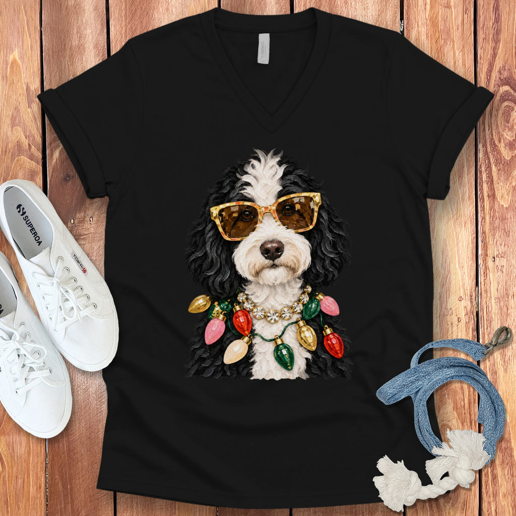 Black t-shirt with a dog wearing sunglasses and a Christmas light necklace.