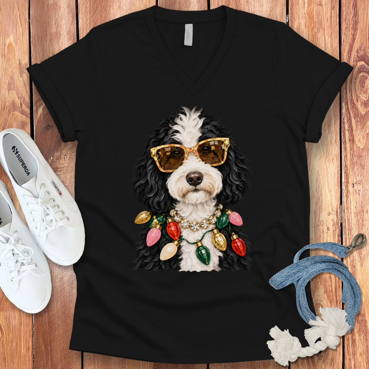Black t-shirt with a dog wearing sunglasses and a Christmas light necklace.
