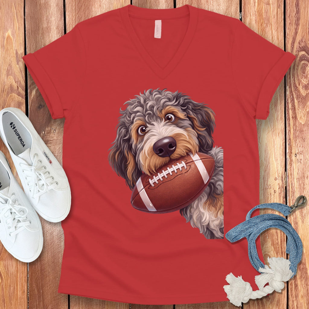 Aussiedoodle Football V-Neck T-Shirt in Red / S by Puppy Jo