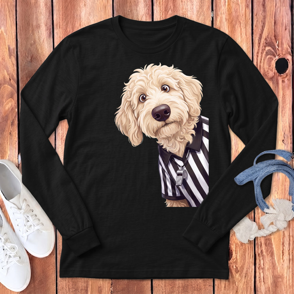 Black long-sleeve shirt with a doodle dog wearing a referee shirt and whistle.