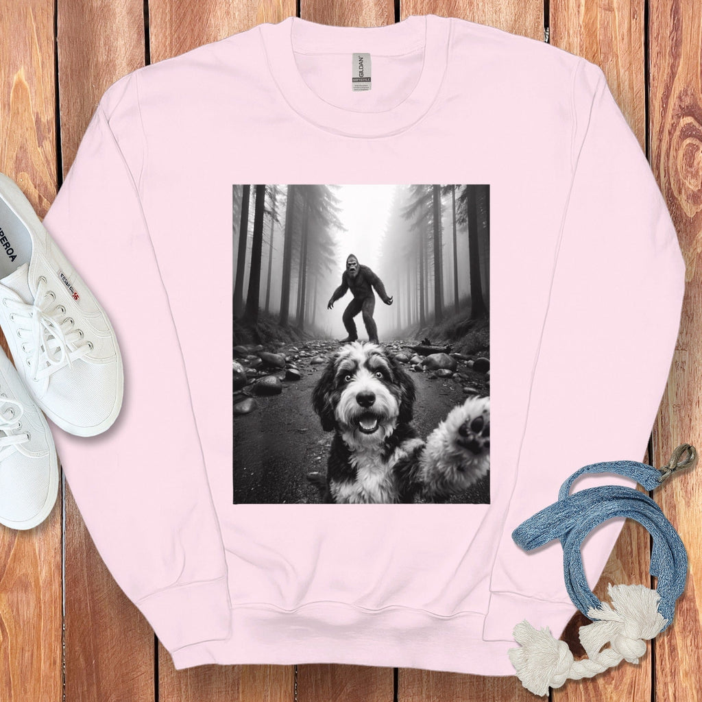 Cute Dog with Bigfoot Background Sweatshirt