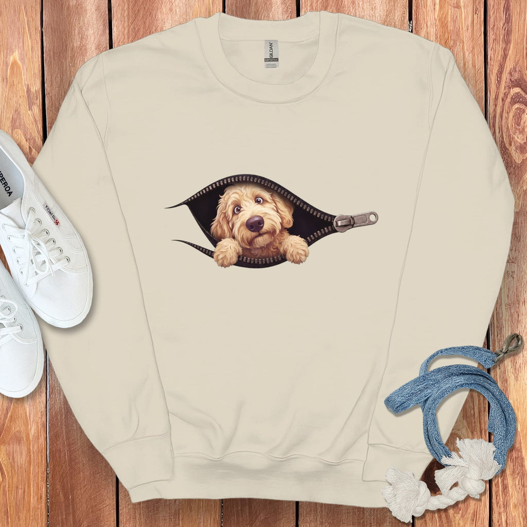 Cream Goldendoodle Peeking Zipper Sweatshirt in Sand / S by Puppy Jo