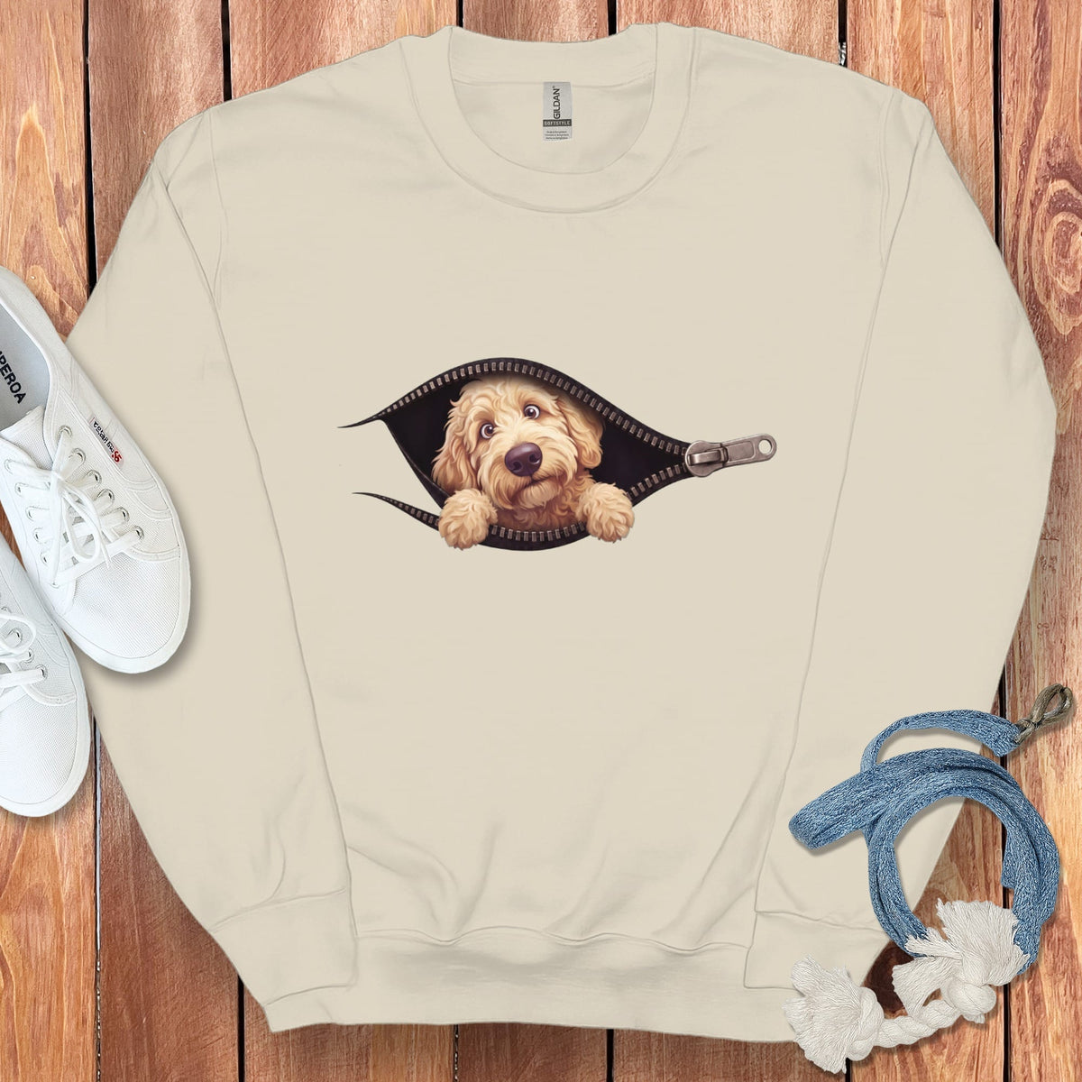 Cream Goldendoodle Peeking Zipper Sweatshirt in Sand / S by Puppy Jo