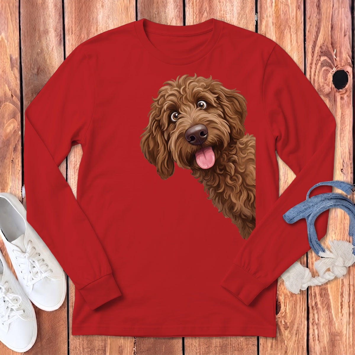 Red long-sleeved shirt with a cartoon brown dog peeking from the side.