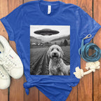 UFO and Dog Print on Blue T-Shirt Product
