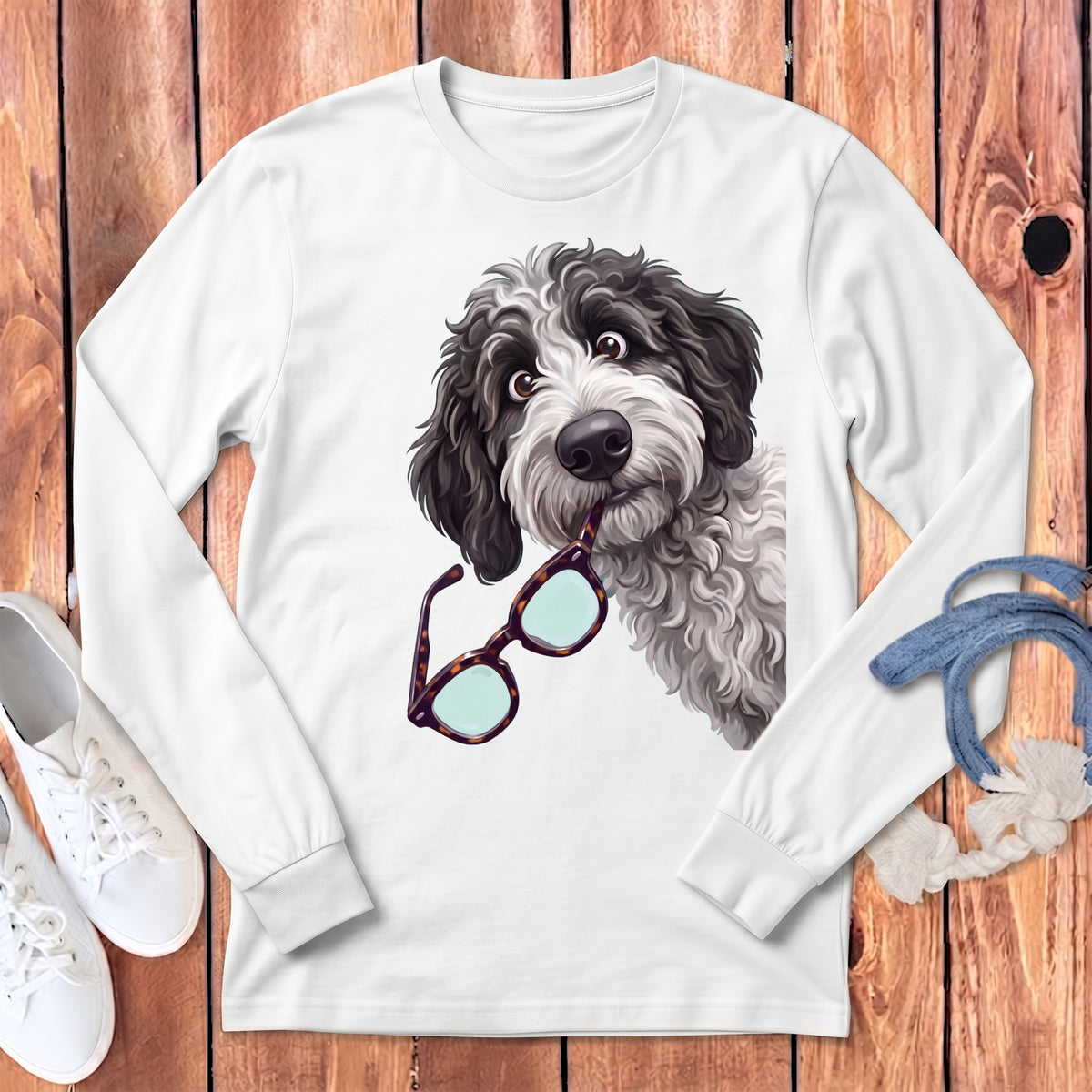 White long-sleeve t-shirt featuring a graphic of a black and white dog holding glasses in its mouth.