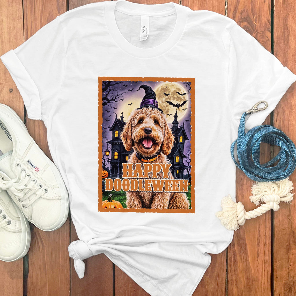 Apricot Goldendoodle Happy Doodleween T-Shirt in White / S by Puppy Jo