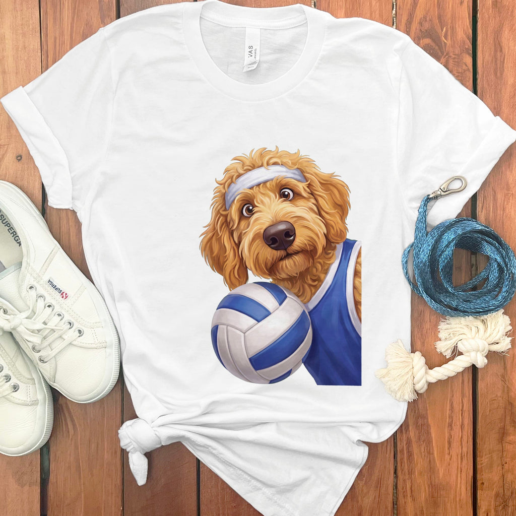Apricot Goldendoodle Volleyball Player T-Shirt in White / S by Puppy Jo