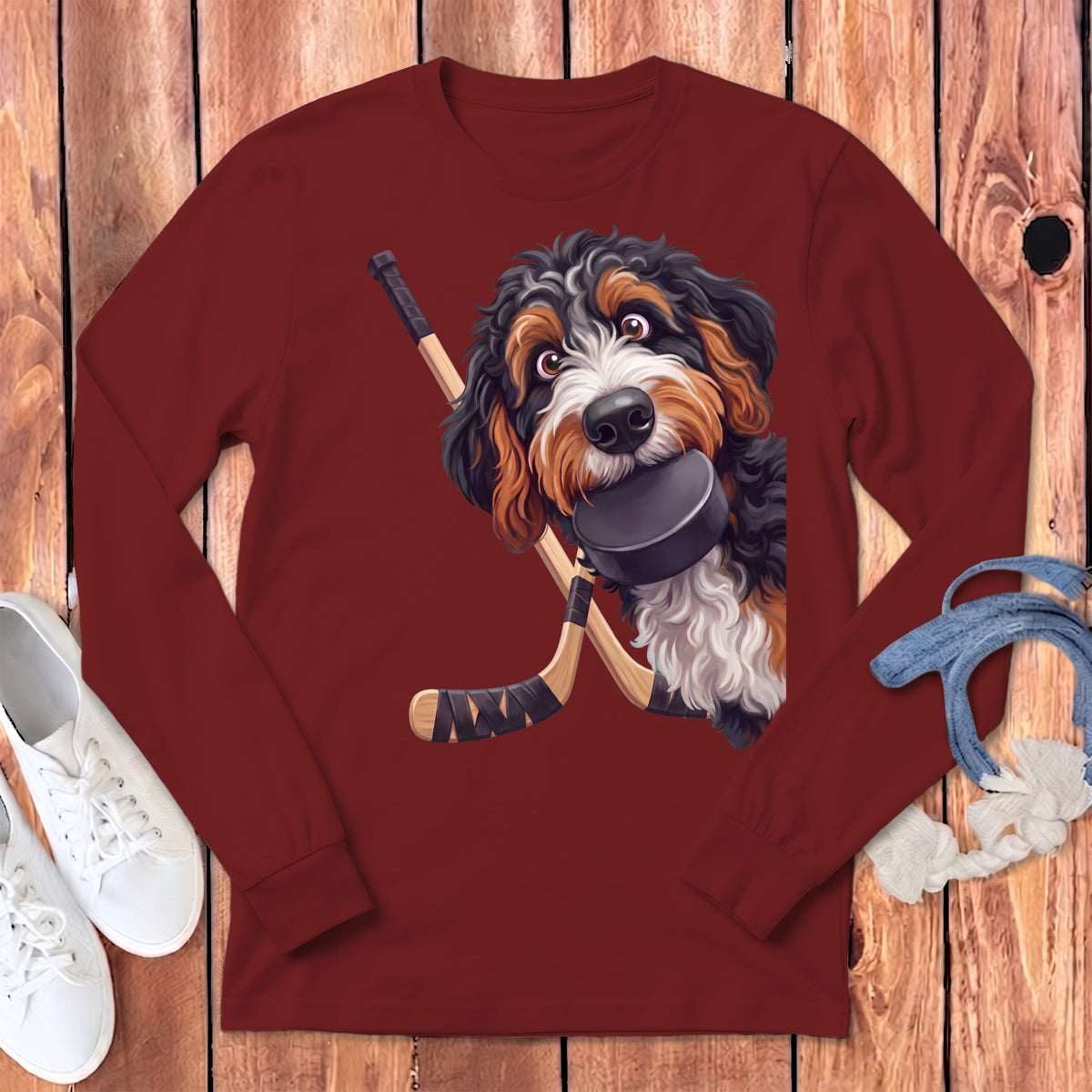 Bernedoodle Hockey Long Sleeve T-Shirt in Cardinal / S by Puppy Jo