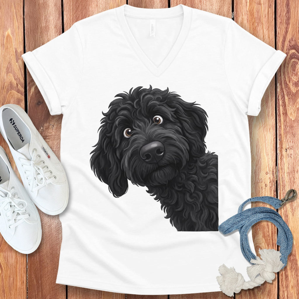 Funny Peeking Black Goldendoodle V-Neck T-Shirt in White / S by Puppy Jo