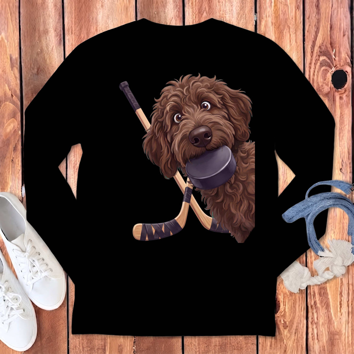 Chocolate Goldendoodle Hockey Long Sleeve T-Shirt in Black / S by Puppy Jo