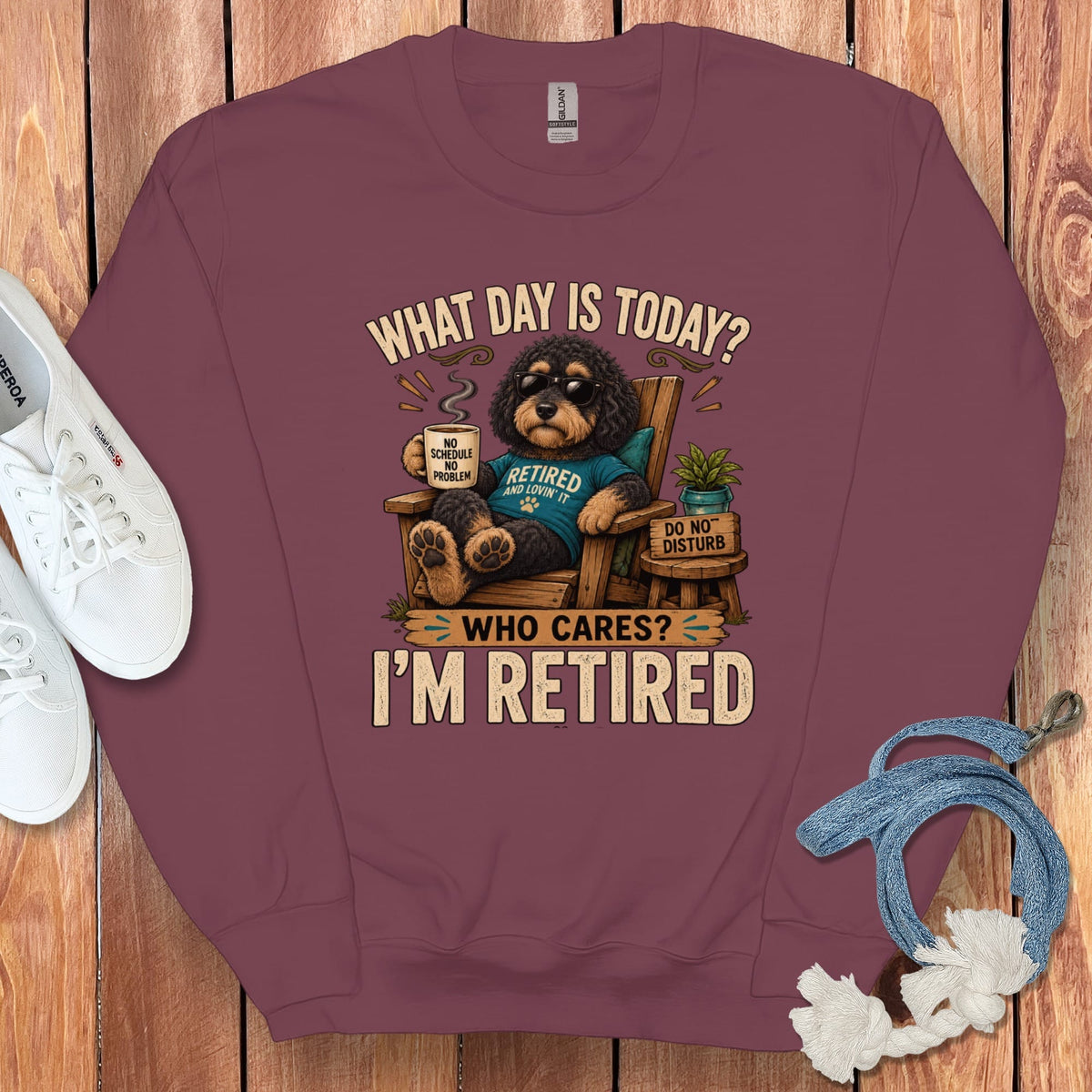I'm Retired Phantom Goldendoodle Sweatshirt in Maroon / S by Puppy Jo