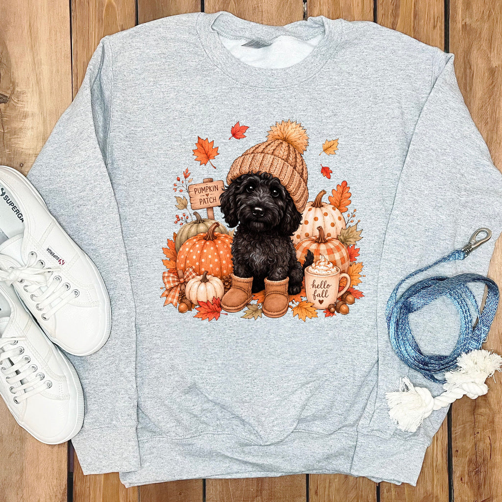Black Goldendoodle Pumpkin Patch Sweatshirt in Sport Grey / S by Puppy Jo