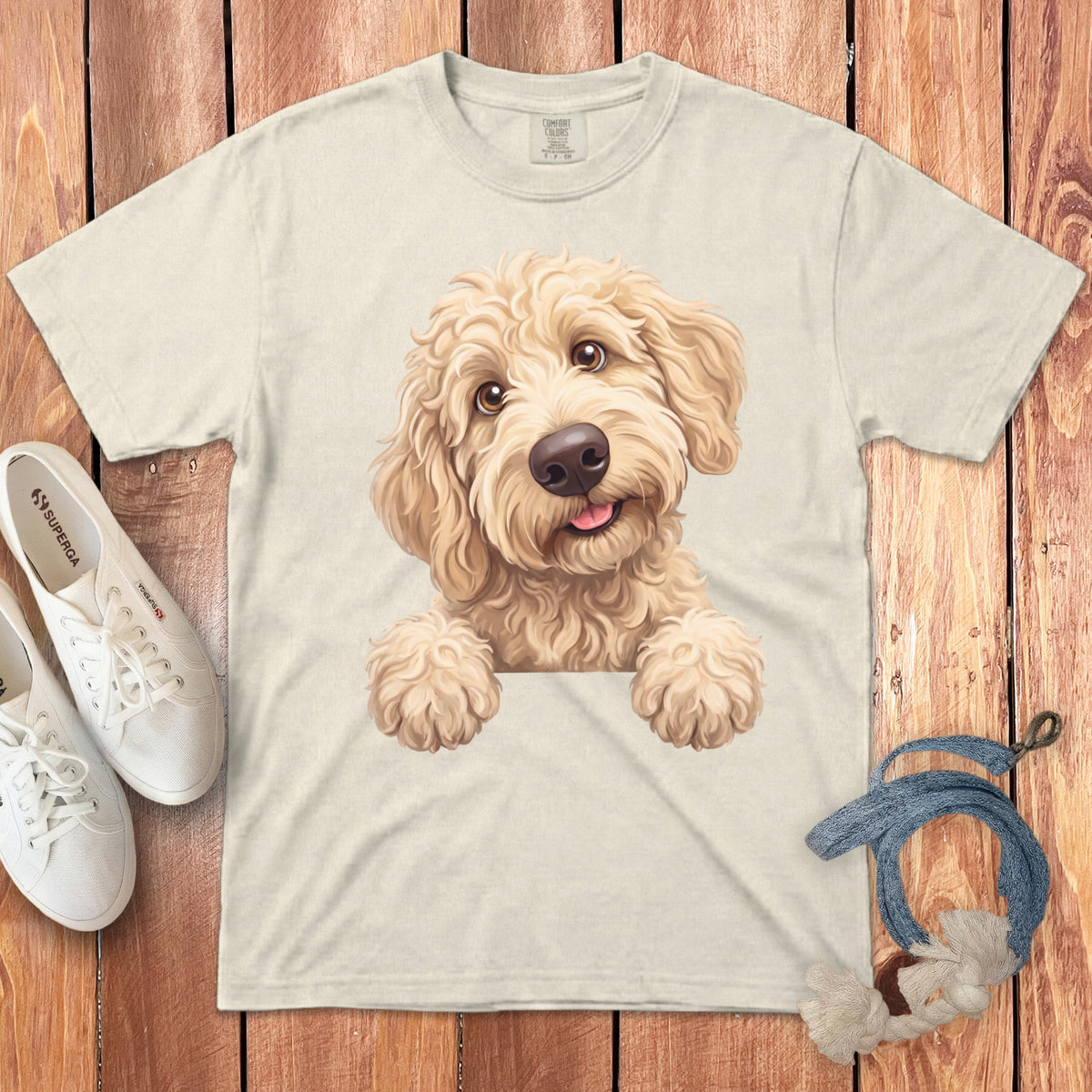 Cream t-shirt with a tan doodle dog graphic, white Superga shoes, and dog toy.