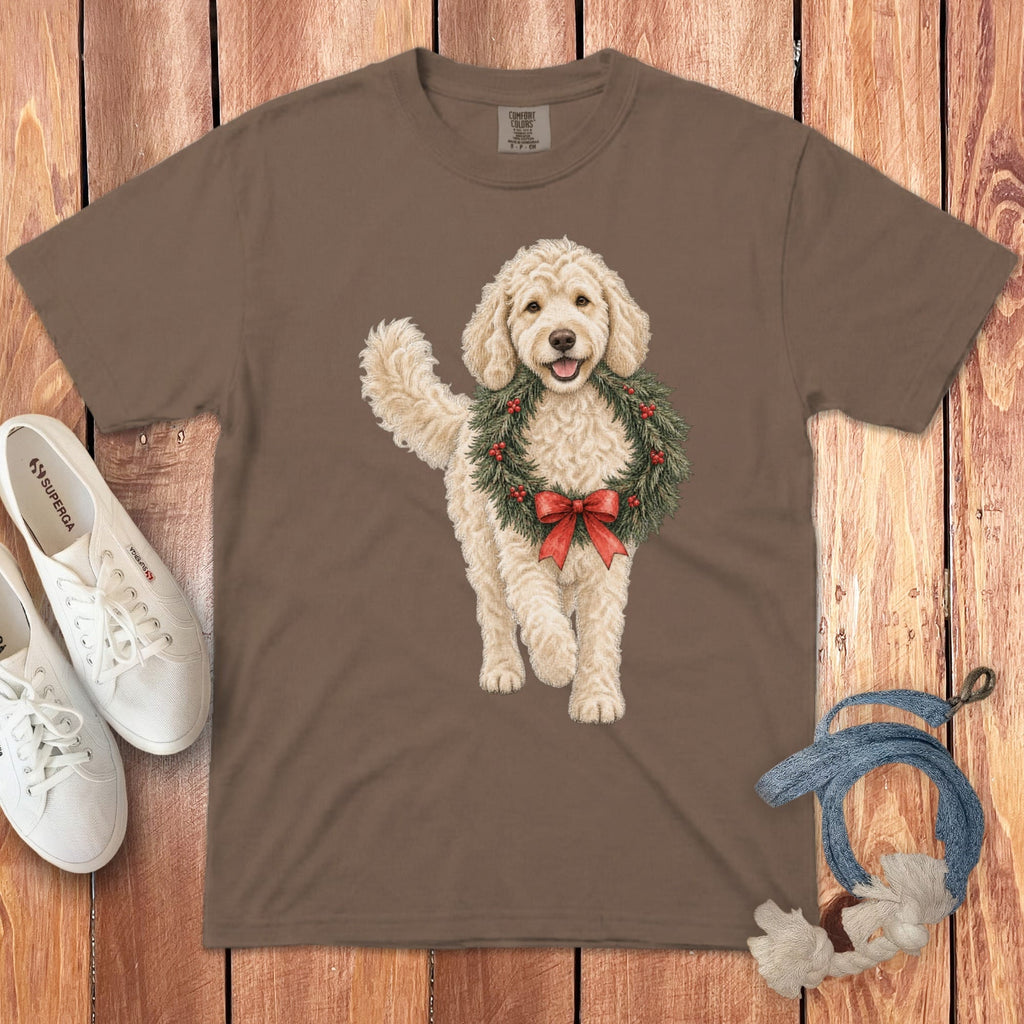 Cream Goldendoodle Wreath Signature T-Shirt in Espresso / S by Puppy Jo