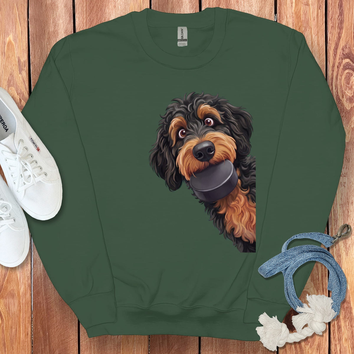 Phantom Goldendoodle Hockey Puck Sweatshirt in Forest Green / S by Puppy Jo
