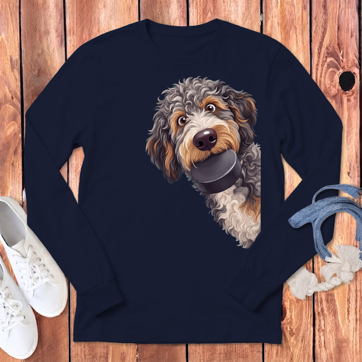 Aussiedoodle Hockey Puck Long Sleeve T-Shirt in Navy / S by Puppy Jo