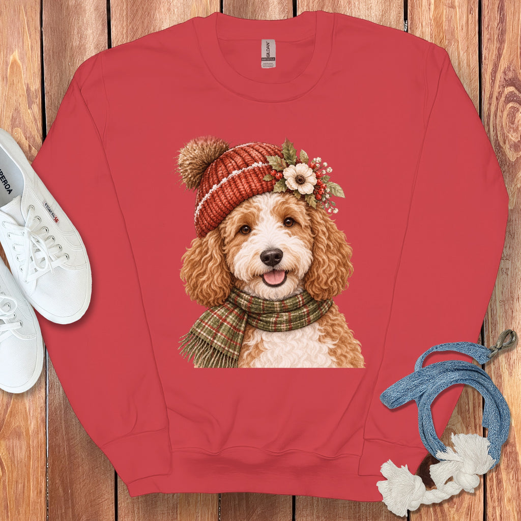 Crewneck sweatshirt with a watercolor doodle dog wearing a festive hat and scarf.