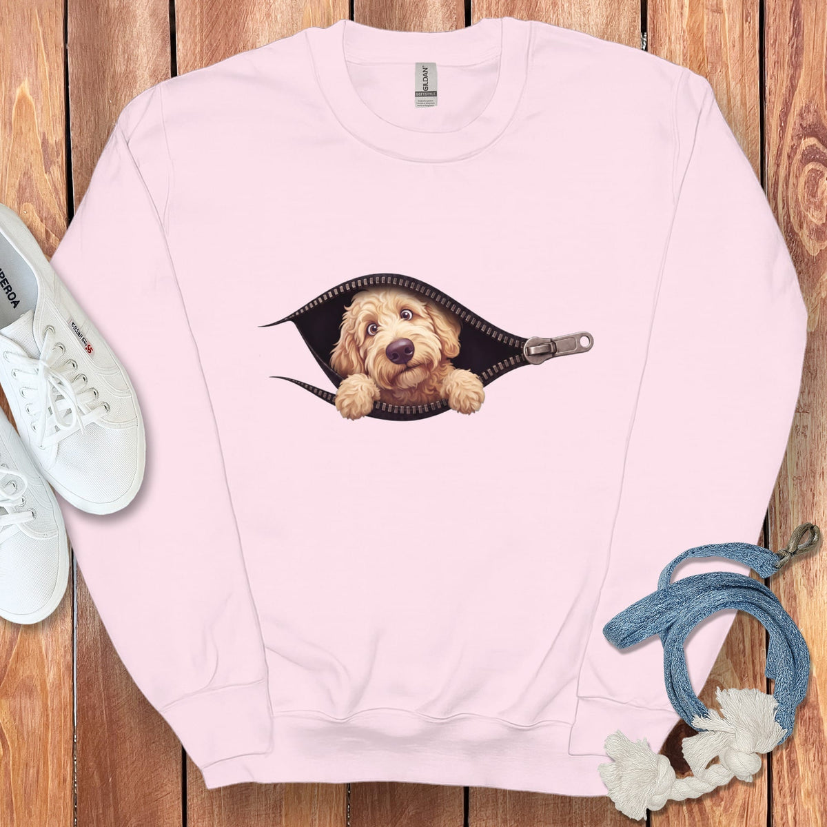 Cream Goldendoodle Peeking Zipper Sweatshirt in Light Pink / S by Puppy Jo