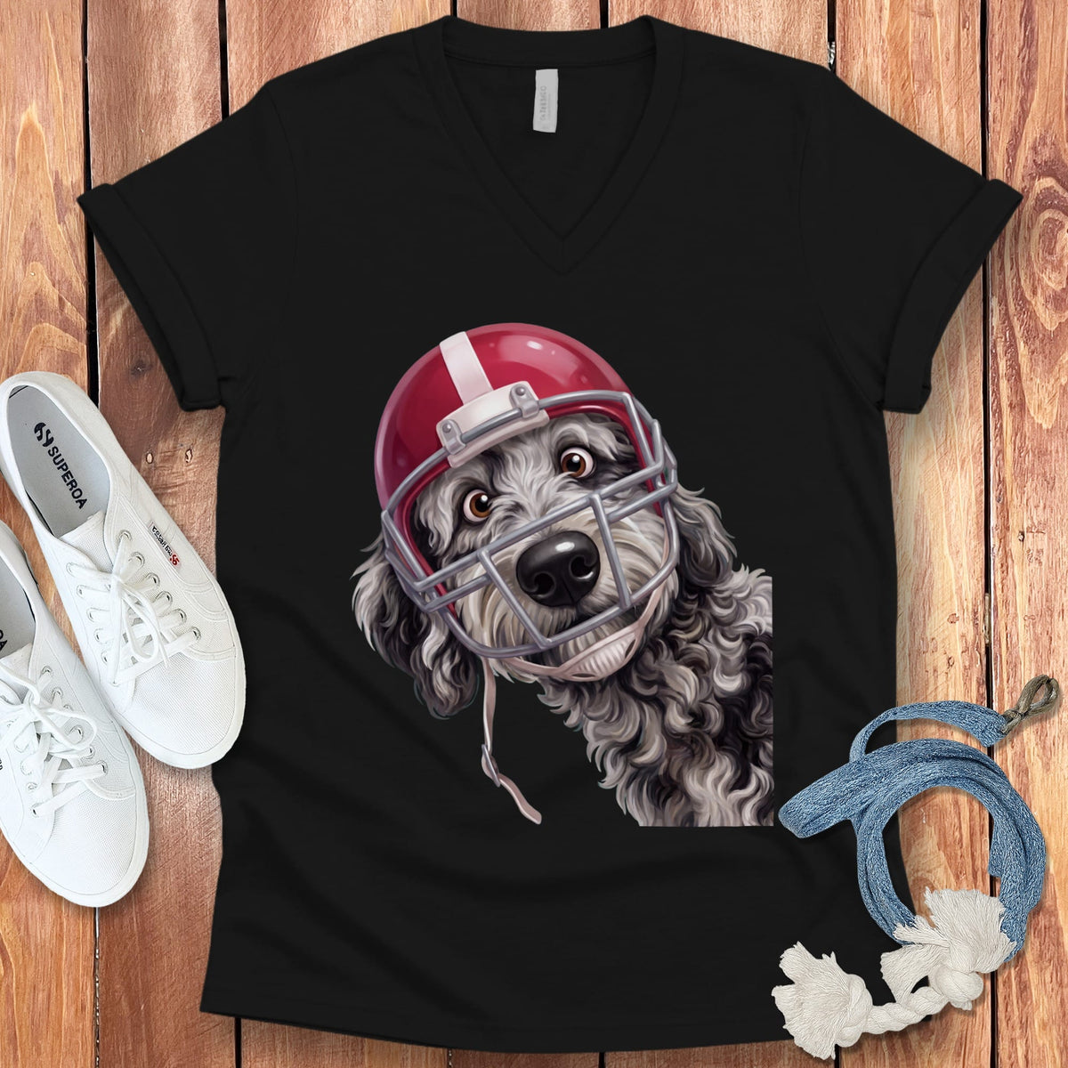 Merle Goldendoodle Football Helmet V-Neck T-Shirt in Black / S by Puppy Jo