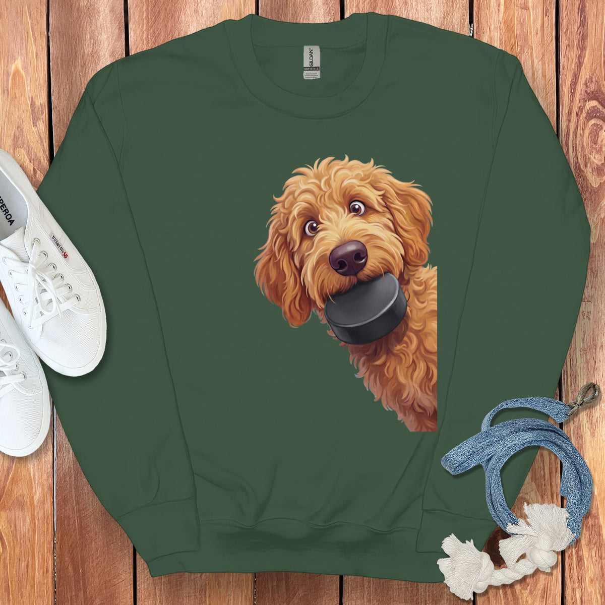 Apricot Goldendoodle Hockey Puck Sweatshirt in Forest Green / S by Puppy Jo