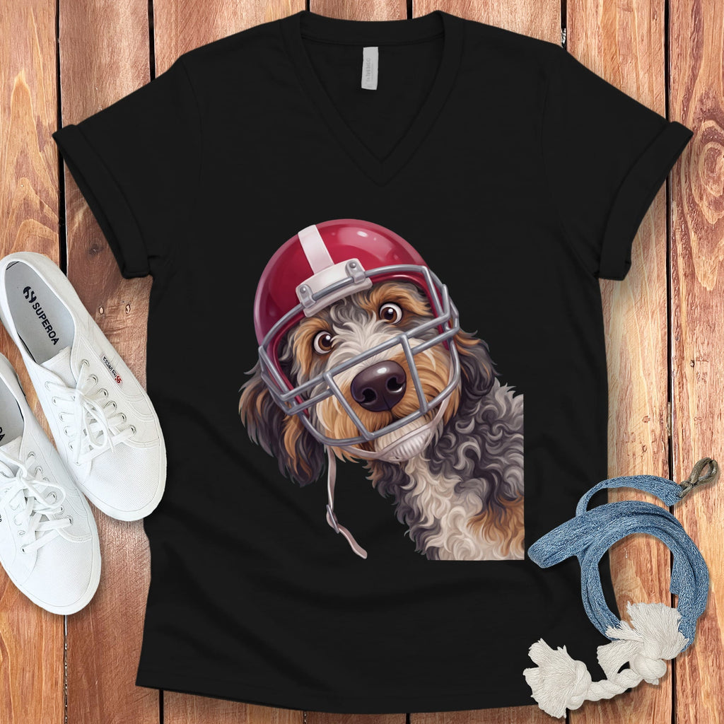 Aussiedoodle Football Helmet V-Neck T-Shirt in Black / S by Puppy Jo