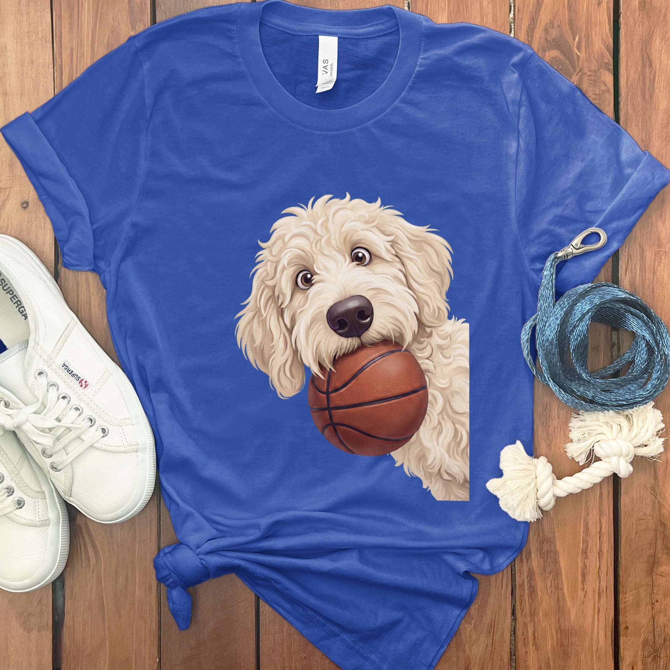 Cream Goldendoodle Basketball T-Shirt in True Royal / S by Puppy Jo