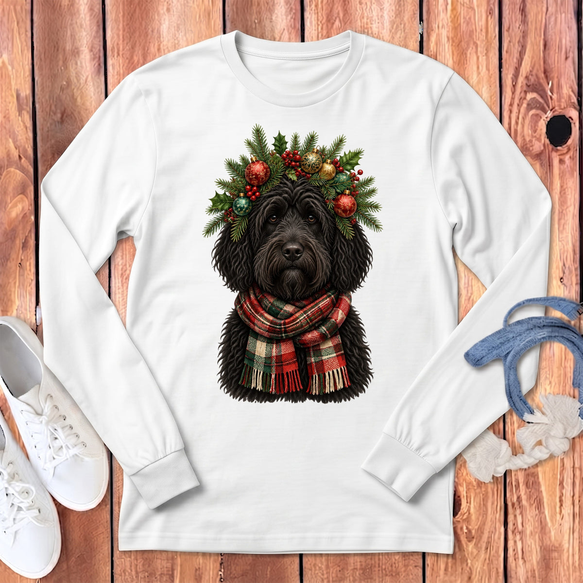 Black Goldendoodle Holiday Crown Long Sleeve T-Shirt in White / S by MyDesigns