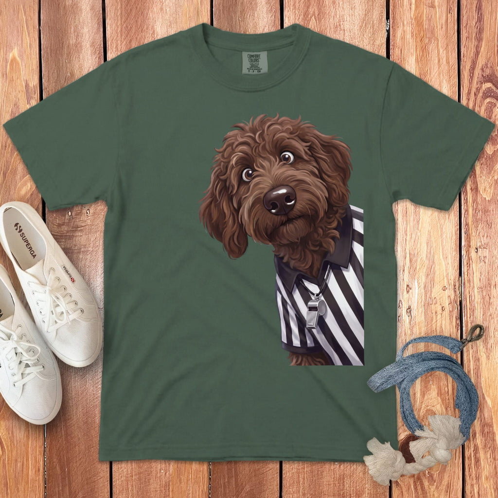 Chocolate Goldendoodle Football Referee Signature T-Shirt in Blue Spruce / S by Puppy Jo