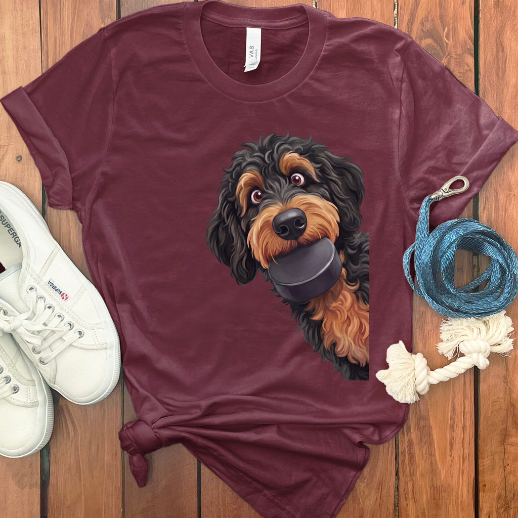 Phantom Goldendoodle Hockey Puck T-Shirt in Maroon / S by Puppy Jo