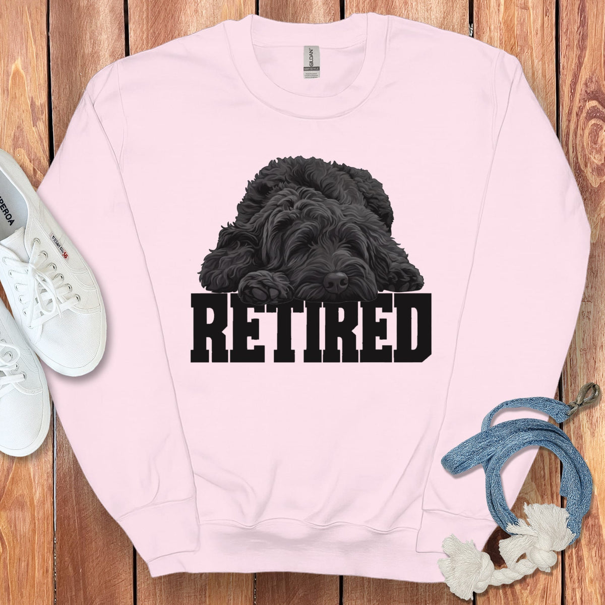 Retired Sleeping Black Goldendoodle Sweatshirt in Light Pink / S by Puppy Jo