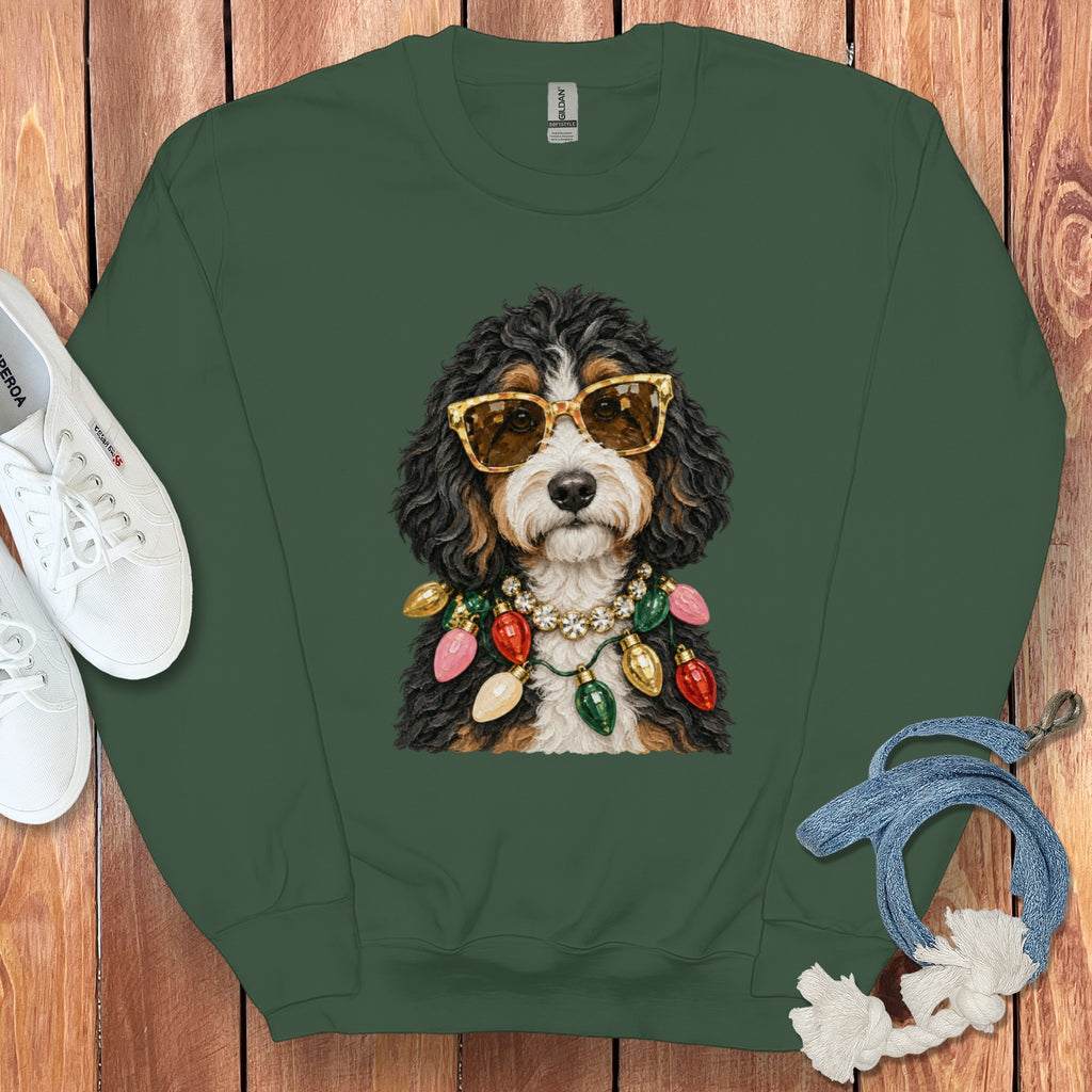 Bernese Mountain Dog wearing sunglasses and Christmas lights on a green sweatshirt.