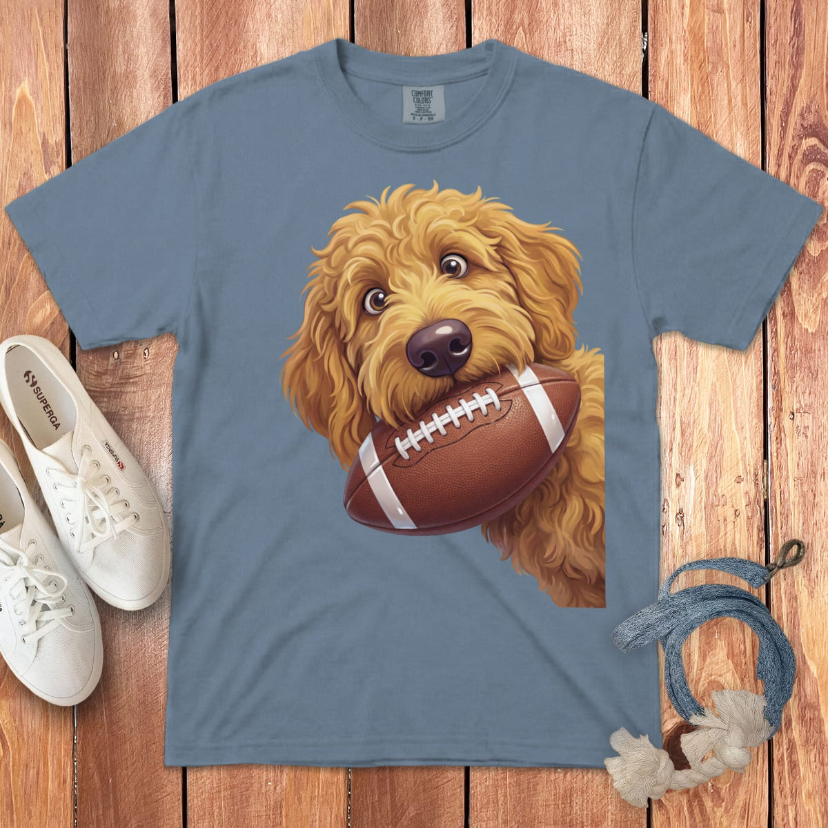 Apricot Goldendoodle Football Signature T-Shirt in Blue Jean / S by Puppy Jo