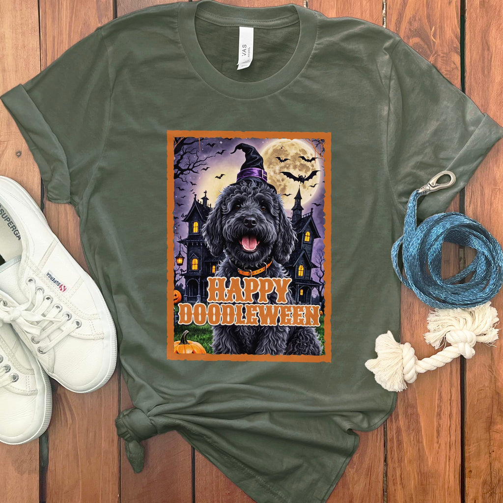 Black Goldnedoodle Happy Doodleween T-Shirt in Military Green / S by Puppy Jo