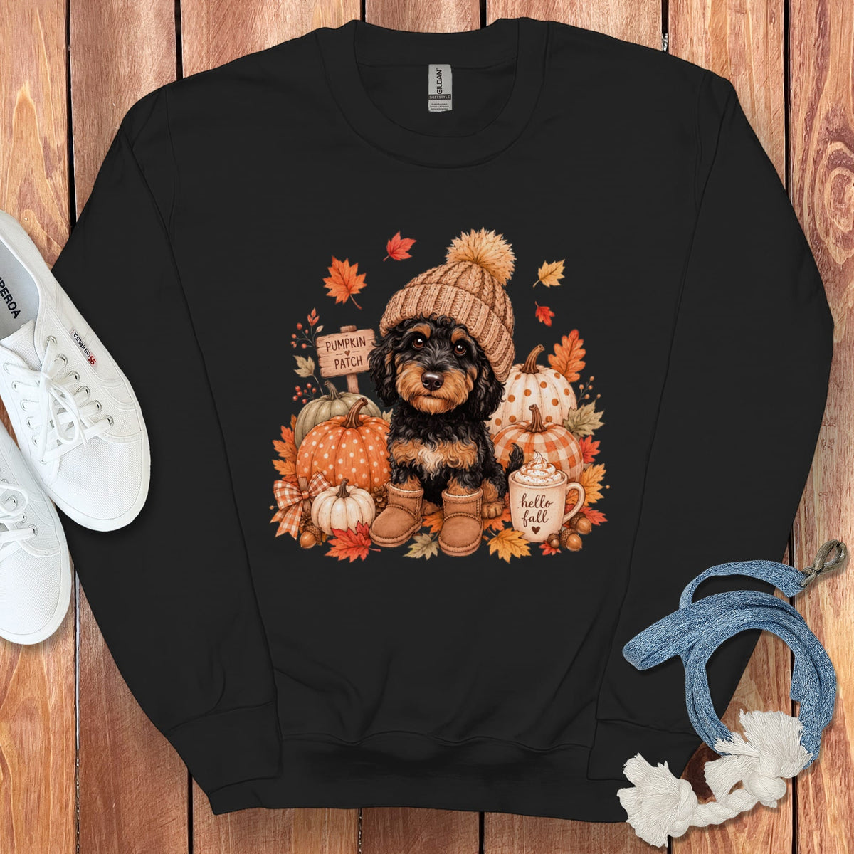 Phantom Goldendoodle Pumpkin Patch Sweatshirt in Black / S by Puppy Jo