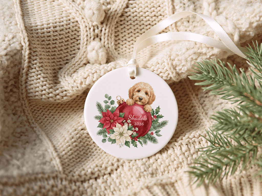 First Christmas Golden Goldendoodle Ornament in by AnywherePOD