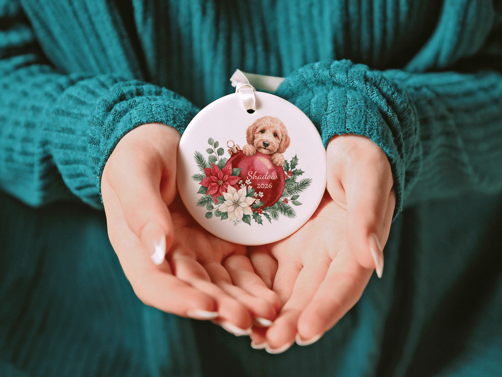First Christmas Golden Goldendoodle Ornament in by AnywherePOD