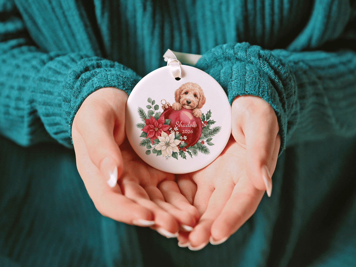 First Christmas Golden Goldendoodle Ornament in by AnywherePOD
