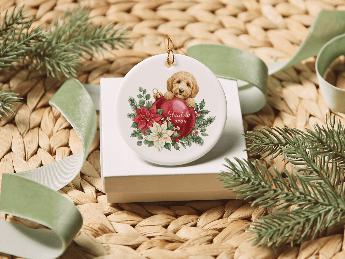 First Christmas Golden Goldendoodle Ornament in by AnywherePOD