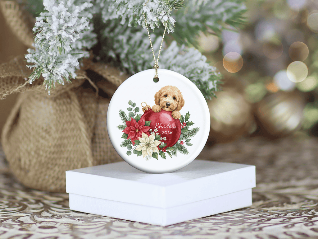 First Christmas Golden Goldendoodle Ornament in by AnywherePOD