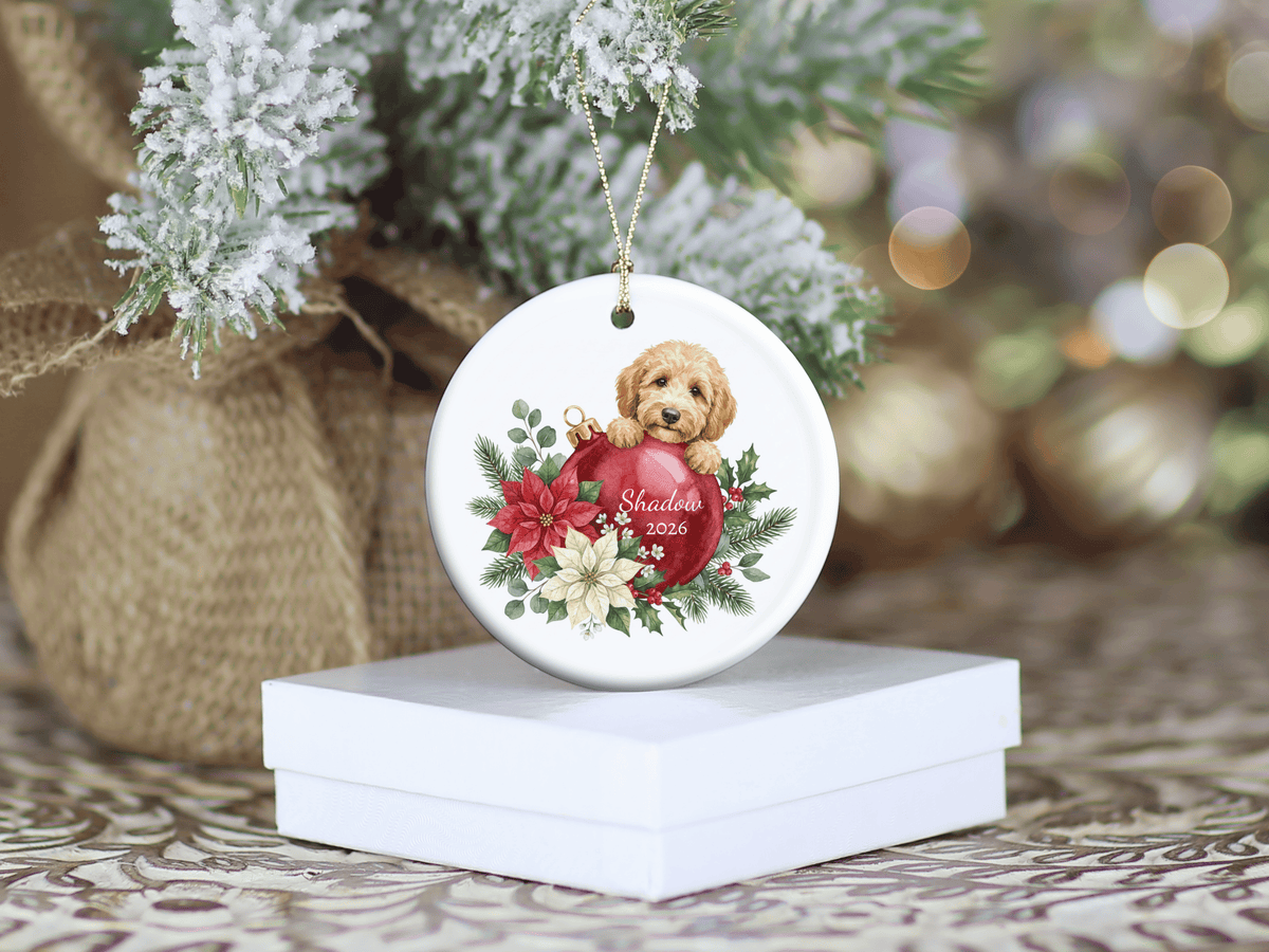 First Christmas Golden Goldendoodle Ornament in by AnywherePOD