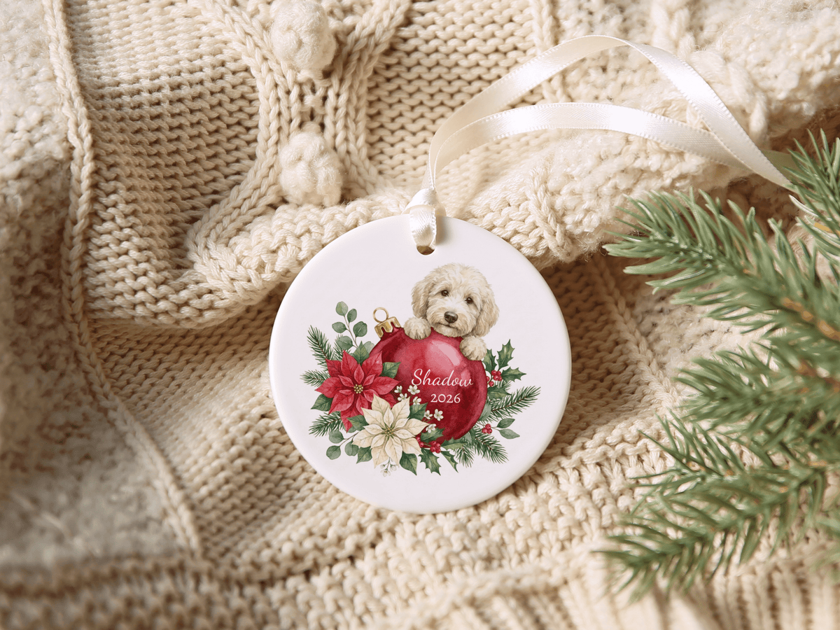 First Christmas Cream Goldendoodle Ornament in by AnywherePOD