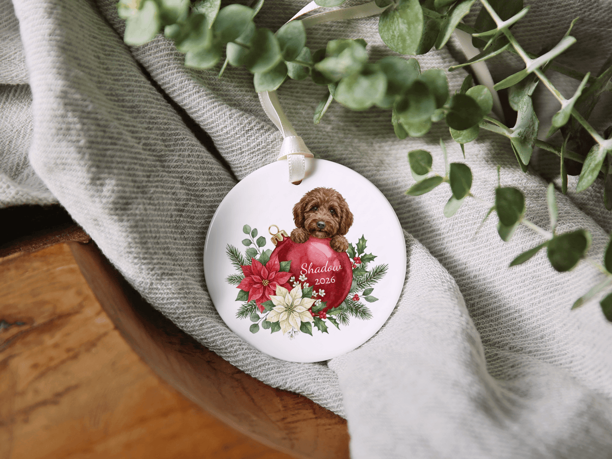 First Christmas Chocolate Goldendoodle Ornament in by AnywherePOD