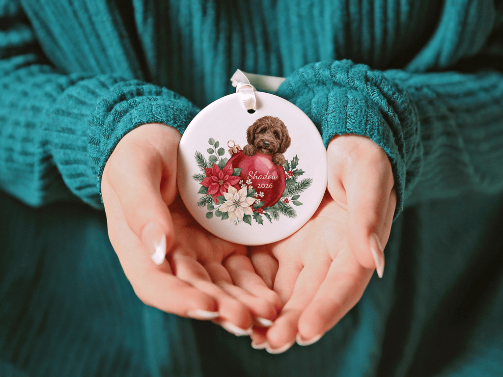 First Christmas Chocolate Goldendoodle Ornament in by AnywherePOD