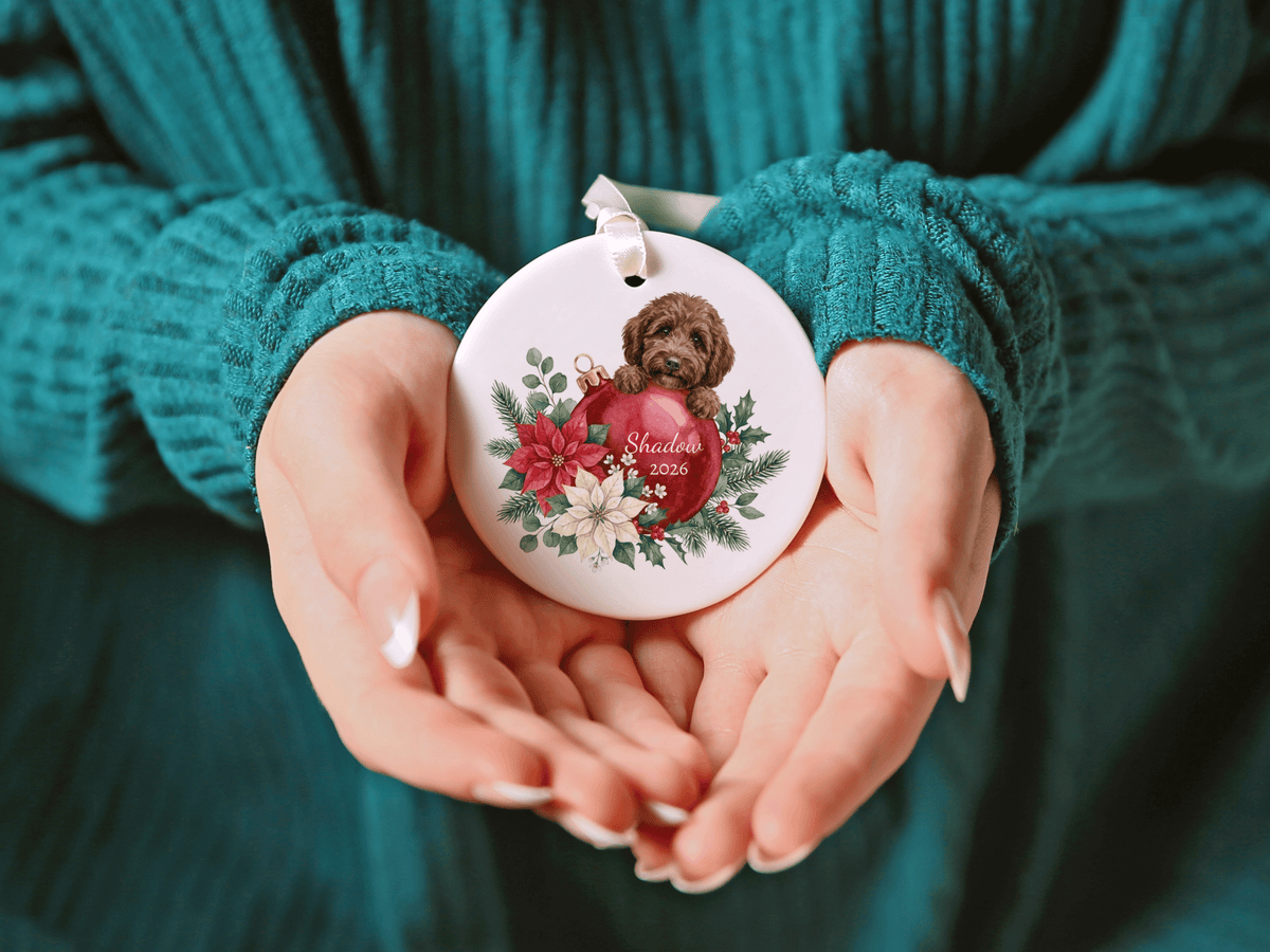 First Christmas Chocolate Goldendoodle Ornament in by AnywherePOD