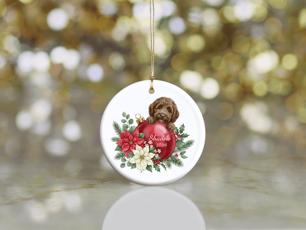 First Christmas Chocolate Goldendoodle Ornament in by AnywherePOD